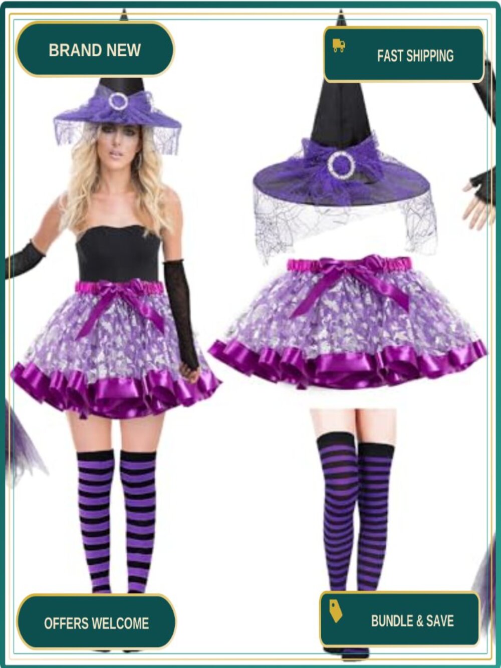 Witch Costume Set Halloween Cosplay Party Dress Hat Broom Socks Gloves